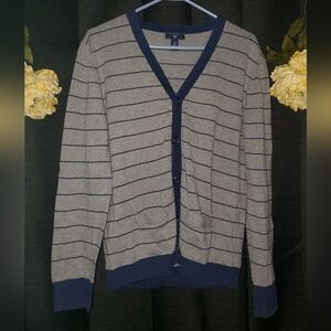 Gap Button Down Gray Navy Blue Striped Cardigan with Pockets